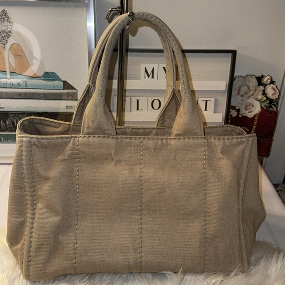 Prada Canapa Demin Logo Handle Bag EUC in Neutral - Picture 3 of 14